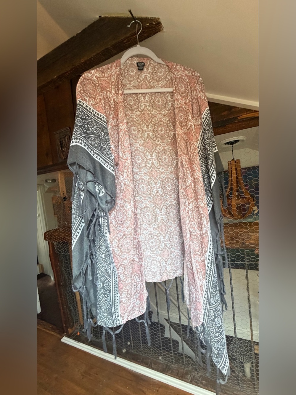 Boho Fringe Kimono Cardigan in Rose and Gray